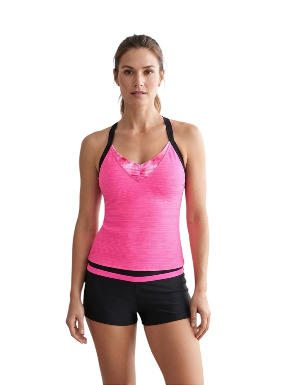 Hot Pink Tankini Swim Top and bottoms with Black Straps NWT Size M